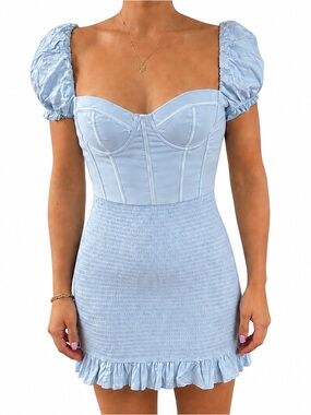 NWT Oh Polly Pretty Sight Puff Sleeve Shirred Mini Dress Light Blue Size 6